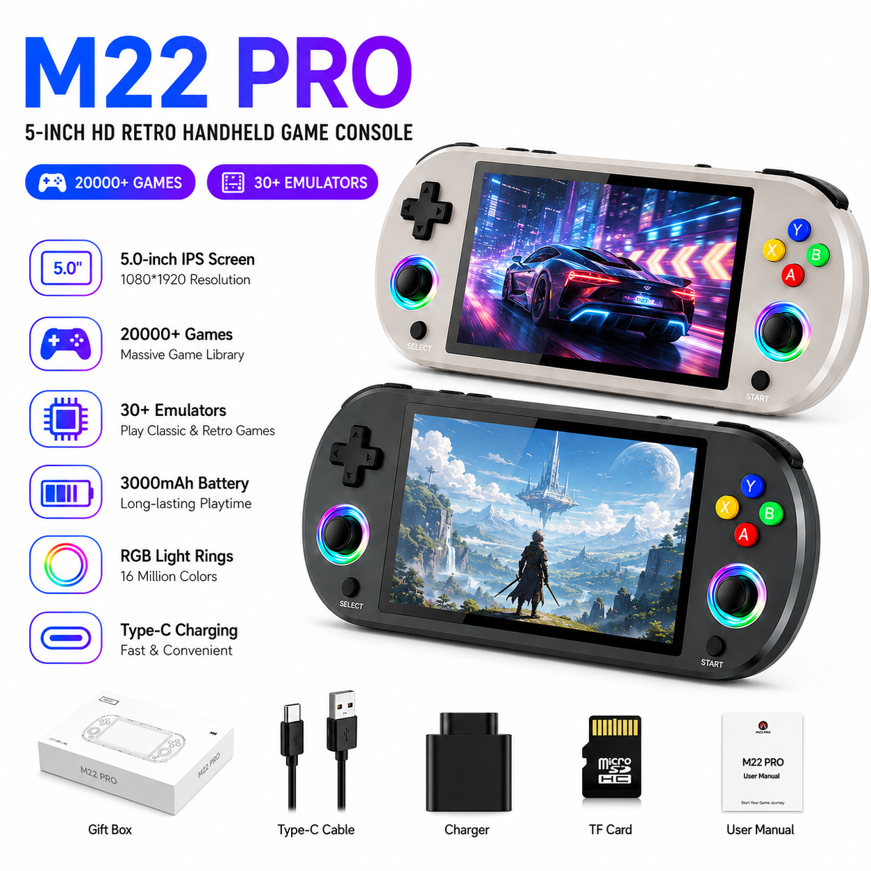 Party Games Offline - M22PRO Pocket Handheld Game Device64GB20000+Classic 2D3D